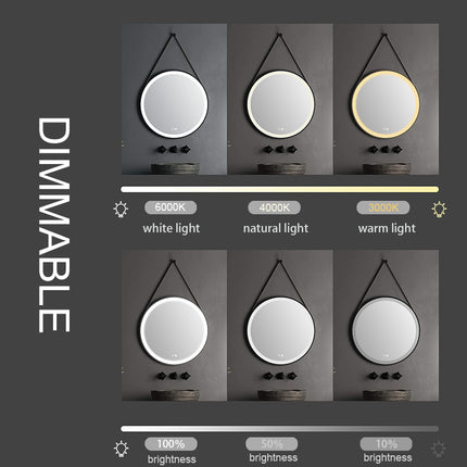 Black 60cm Round Metal LED Mirror with Hanging Strap