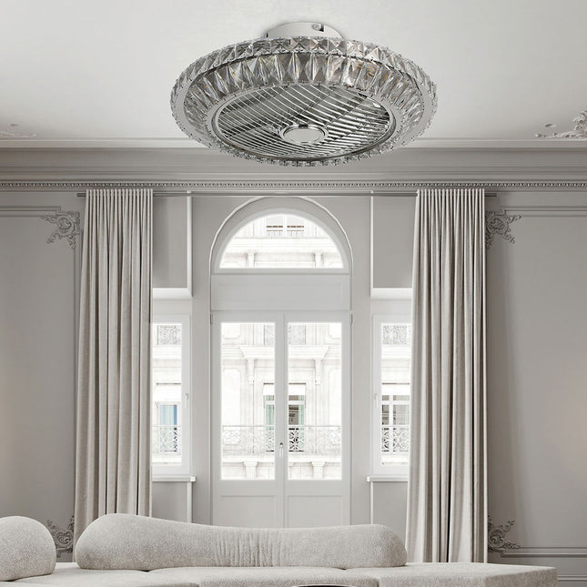Round Crystal Flush Mount Dimmable LED Ceiling Fan Light