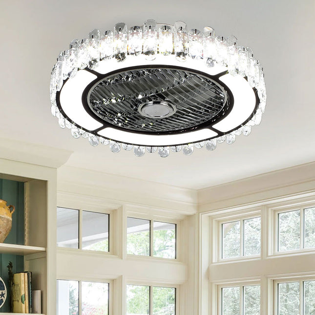 Round Crystal Flush Mount LED Ceiling Fan Light
