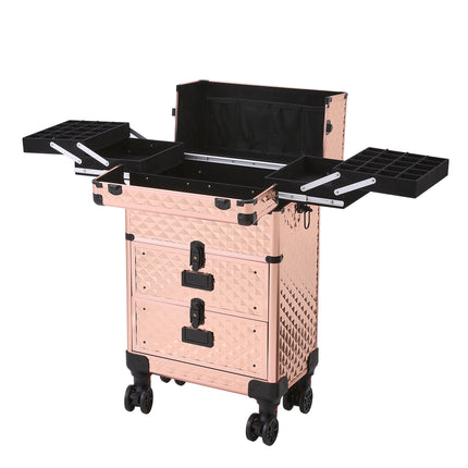 Aluminum 3 in 1 Cosmetic Trolley Case Beauty case on Wheels,Rose Gold