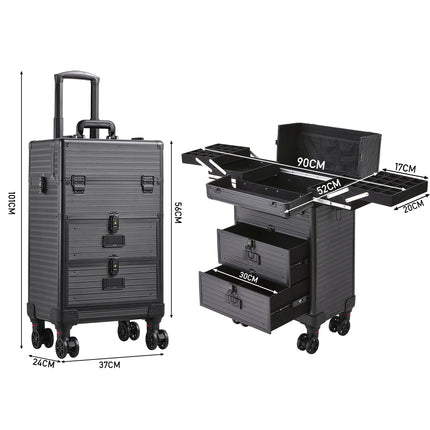 Aluminum 3 in 1 Cosmetic Trolley Case Beauty case on Wheels,Black