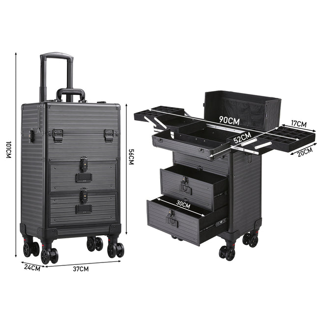 Aluminum 3 in 1 Cosmetic Trolley Case Beauty case on Wheels,Black