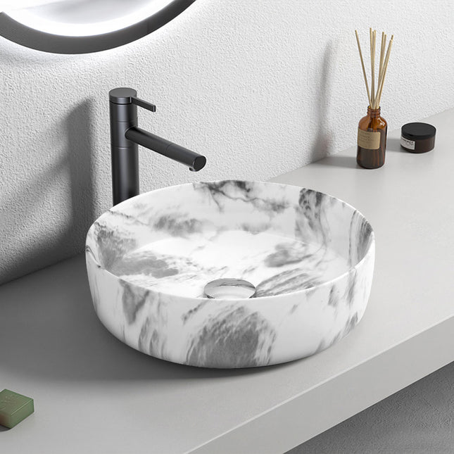 Round Marble Effect Vessel Sink for Bathroom