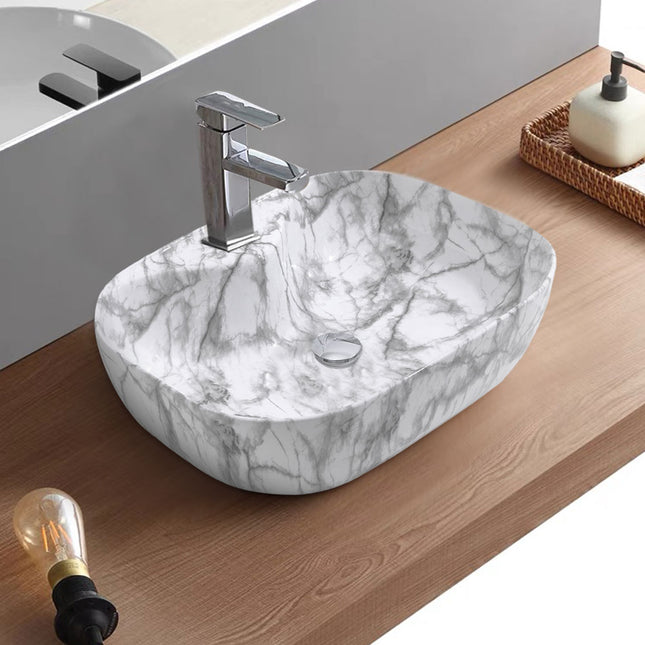 White Ceramic Vessel Sink with Marble Effect