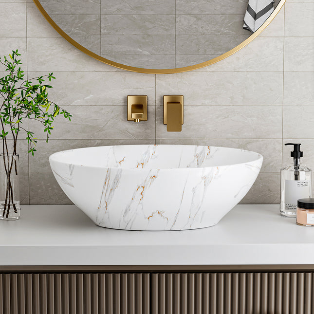16 Inch Oval Marble Vessel Bathroom Sink White