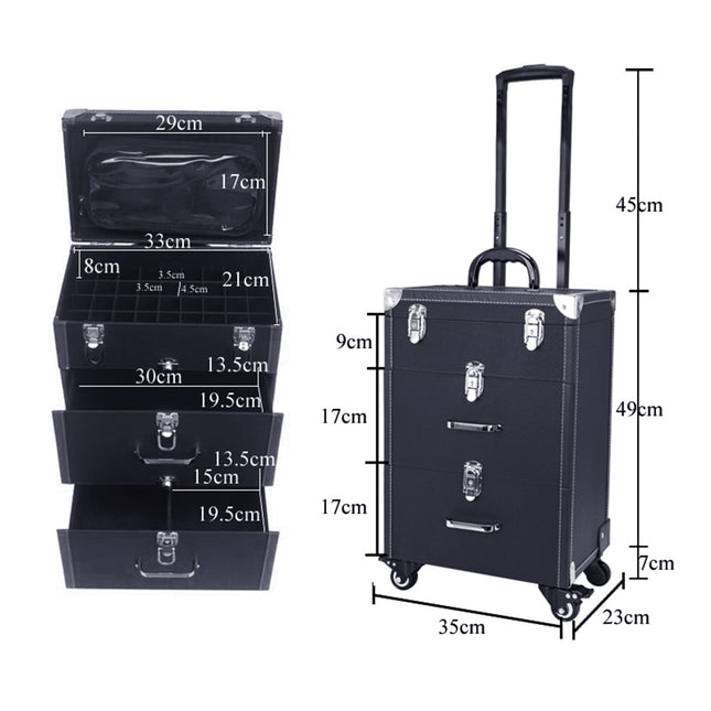 Leather 2 Drawers Cosmetic Travel Case Beauty case on Wheels Black