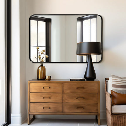 Black Rectangular Metal Framed Wall Mirror Decorative 50x70cm H