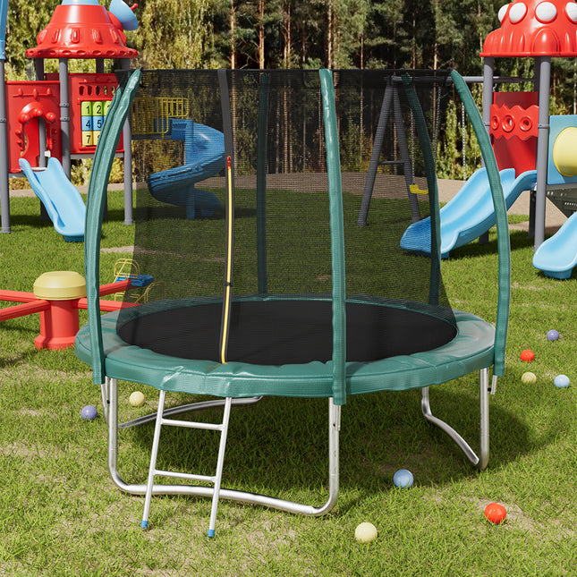Dark Green 8FT Outdoor Enclosure Trampoline with Ladder