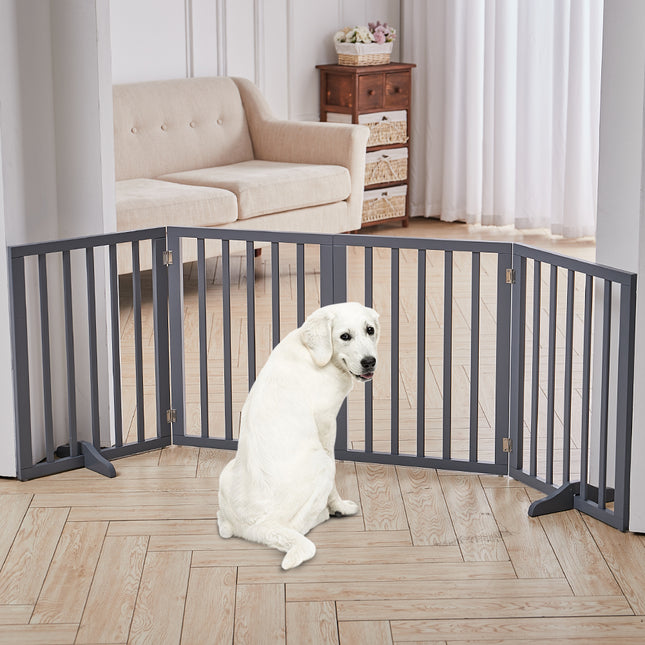 Foldable Wood Pet Free Standing Indoor Gate Grey 4 Panels