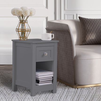 Small Wooden Beaside Table Cabinet with Drawer Shelf Storage, Grey