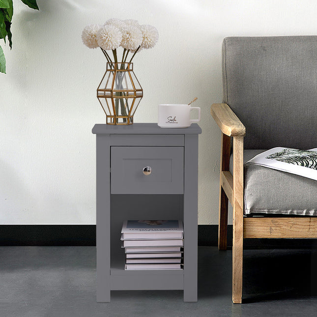 Small Wooden Beaside Table Cabinet with Drawer Shelf Storage, Grey