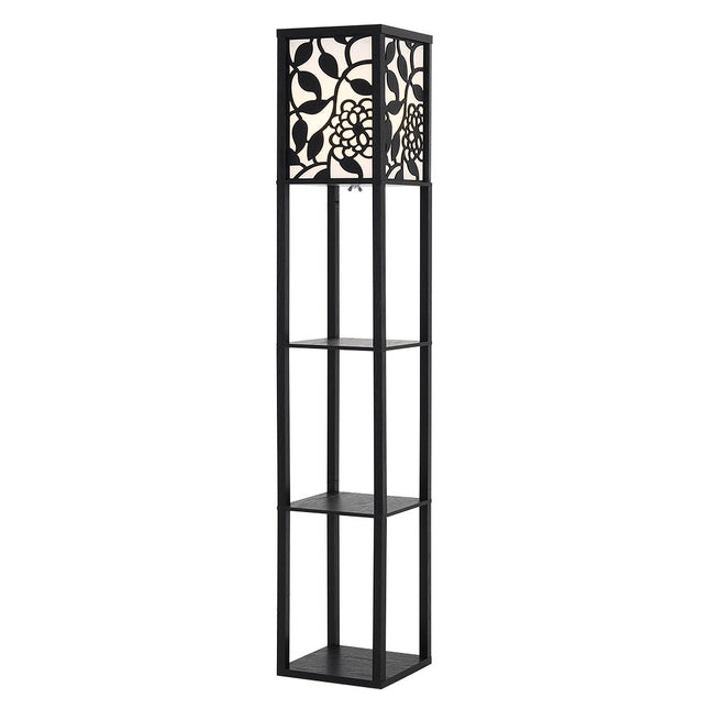 3 in 1 Wooden and Linen Floor Lamp with Shelves,Black Vines