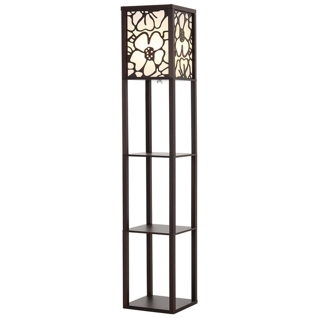 3 in 1 Wooden and Linen Floor Lamp with Shelves,Walnut Flower