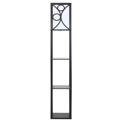 3 in 1 Wooden and Linen Floor Lamp with Shelves,Black Geometric Pattern