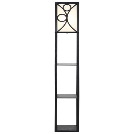 3 in 1 Wooden and Linen Floor Lamp with Shelves,Black Geometric Pattern