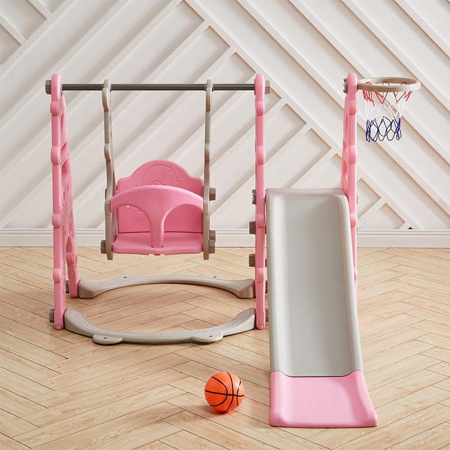 Kids Swing Slide and Basketball Hoop 3 in 1 Play Game Center,Pink