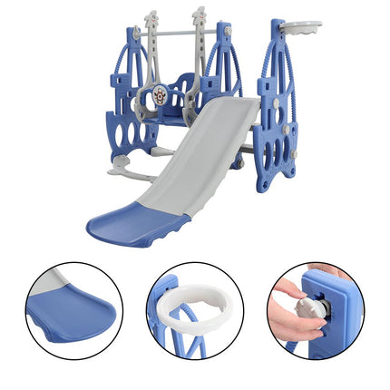 Kids 3 in 1 Toddler Swing and Slide Playset with Basketball Hoop Blue