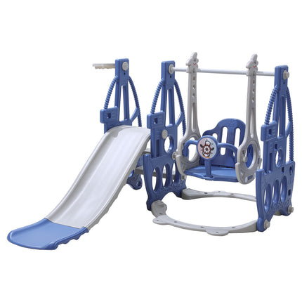 Kids 3 in 1 Toddler Swing and Slide Playset with Basketball Hoop Blue