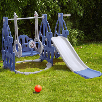 Kids 3 in 1 Toddler Swing and Slide Playset with Basketball Hoop Blue