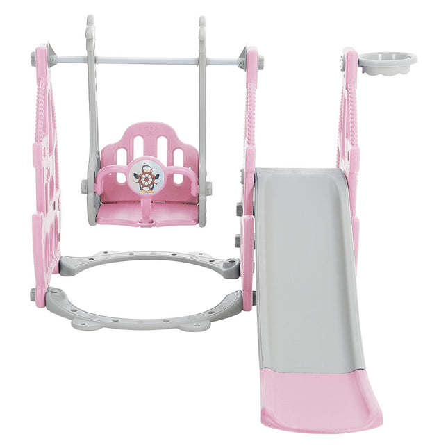 3 in 1 Kids Garden Climber Slide & Swing Set Basketball Hoop Children Playground Pink