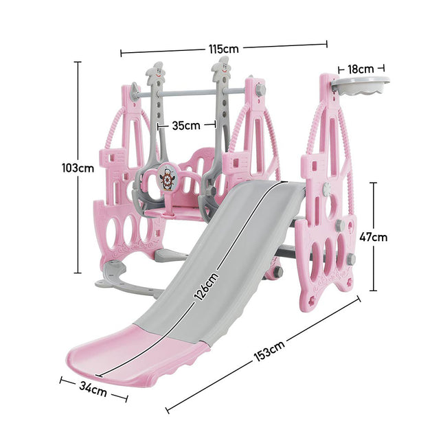 3 in 1 Kids Garden Climber Slide & Swing Set Basketball Hoop Children Playground Pink