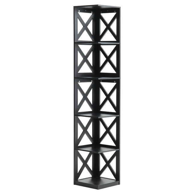 5 Tier Modern Wood Corner Standing Shelf for Living Room, Black