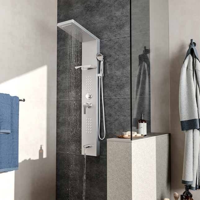 5 in 1 Wall Mount Stainless Steel Shower Panel Tower System with Shelf Silver 20 x 134.8cm