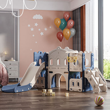 Kids Playset with Slide Basketball Hoop Indoor Playground Blue