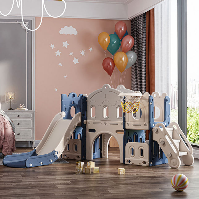 Kids Playset with Slide Basketball Hoop Indoor Playground Blue
