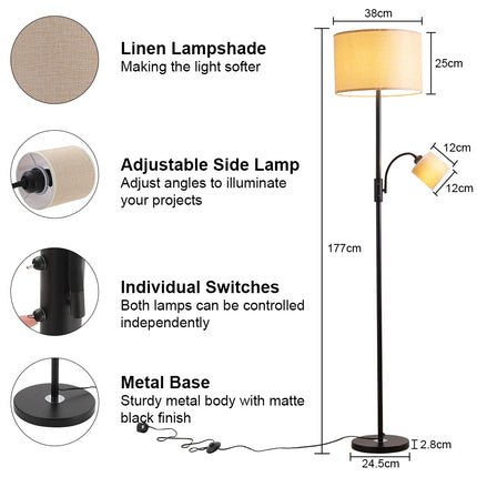 Khaki 2 Light Floor Standing Lamp with Adjustable Head Light