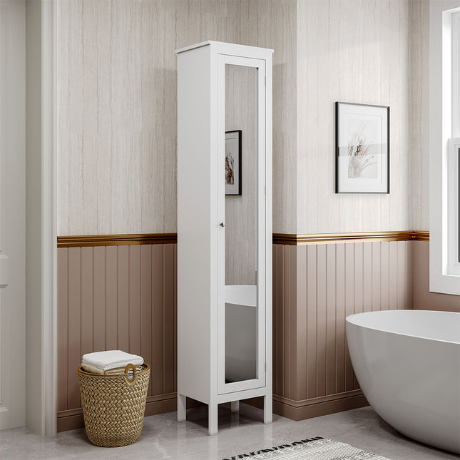 Slim White Tall Bathroom Cabinet with Mirror Door