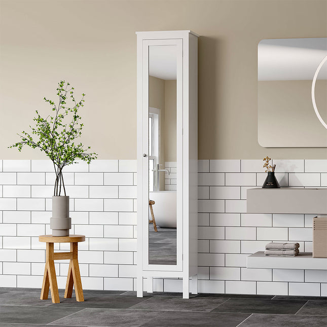 Slim White Tall Bathroom Cabinet with Mirror Door