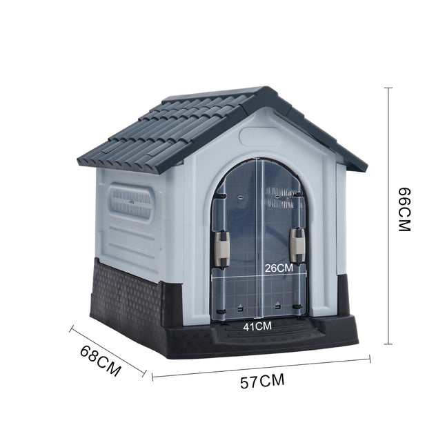 Grey Weatherproof Plastic Dog House Kennel with Skylight and Door