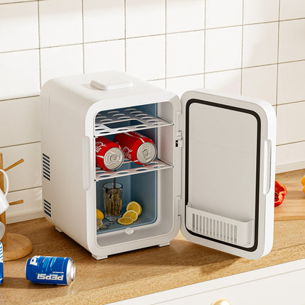 White 12L Mini Refrigerator for Home and Car Use with LED Mirror Door
