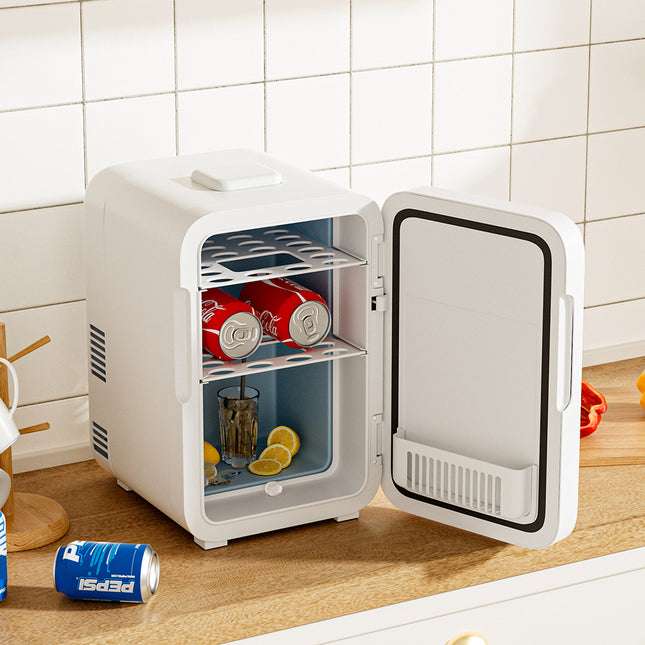 White 12L Mini Refrigerator for Home and Car Use with LED Mirror Door