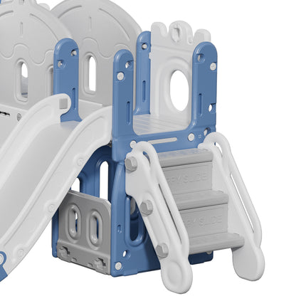 Kids Indoor Outdoor Toddler Two Slides Playset with Basketball Hoop Blue
