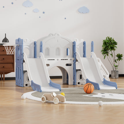 Kids Indoor Outdoor Toddler Two Slides Playset with Basketball Hoop Blue