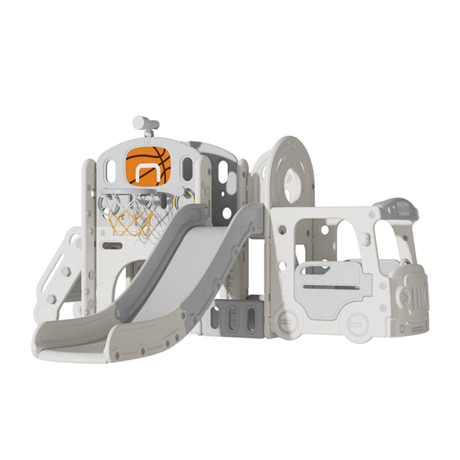 Beige Toddler Slide and Climber Playset with Basketball Hoop