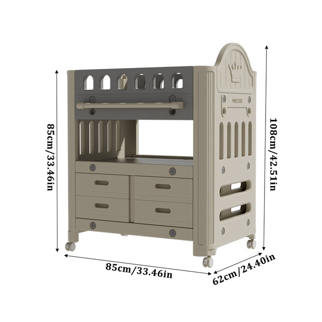 Beige Mobile Baby Diaper Changing Table with 4 Drawers and Storage Shelf