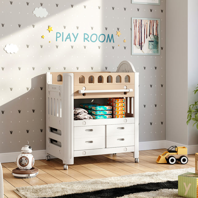 Mobile Baby Diaper Changing Table with 4 Drawers and Storage Shelf