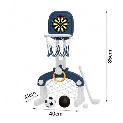 Blue Kids Basketball Hoop with Basketball, Football, Golf, Ring Toss and Dartboard Playset