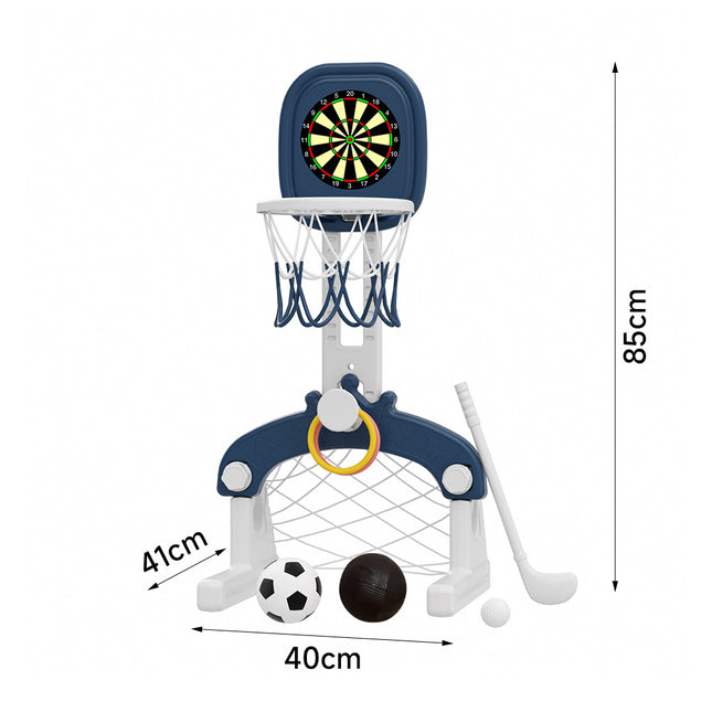 Blue Kids Basketball Hoop with Basketball, Football, Golf, Ring Toss and Dartboard Playset