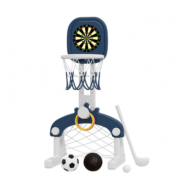 Blue Kids Basketball Hoop with Basketball, Football, Golf, Ring Toss and Dartboard Playset