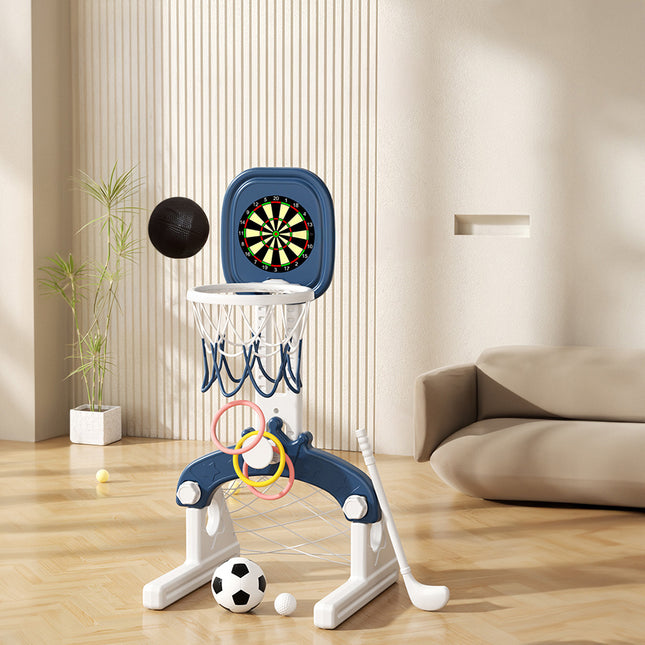 Blue Kids Basketball Hoop with Basketball, Football, Golf, Ring Toss and Dartboard Playset