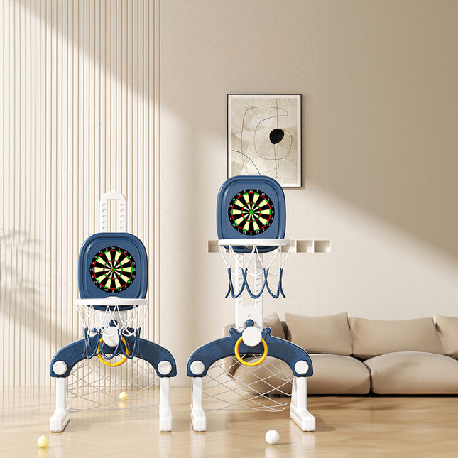 Blue Kids Basketball Hoop with Basketball, Football, Golf, Ring Toss and Dartboard Playset