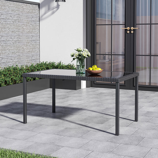 150CM Patio Garden Rectangle Rattan Frame Glass Top Table Black