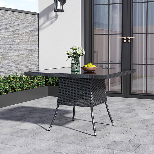 105CM Patio Garden Square Rattan Glass Table With Umbrella Hole Black