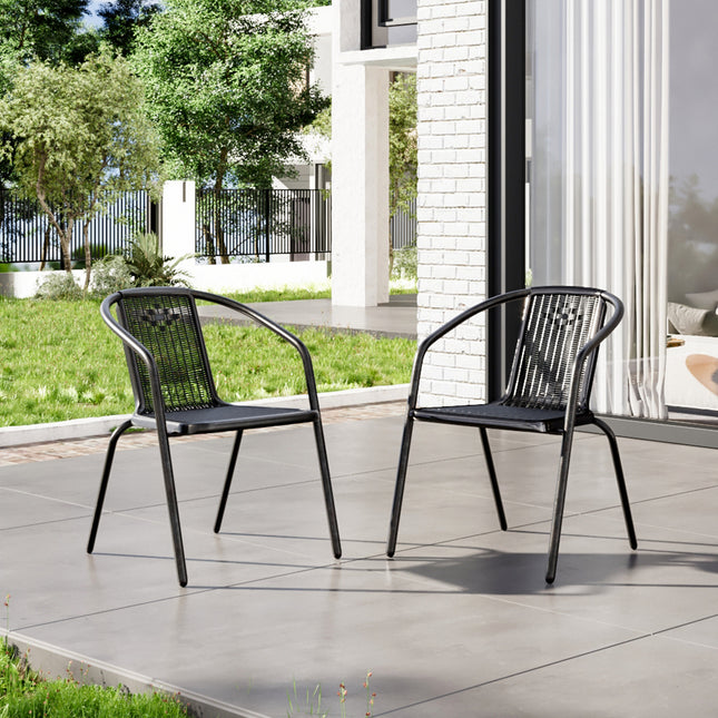 Outdoor Patio Metal Coffee Wicker Dining Chairs Set of 2 Black