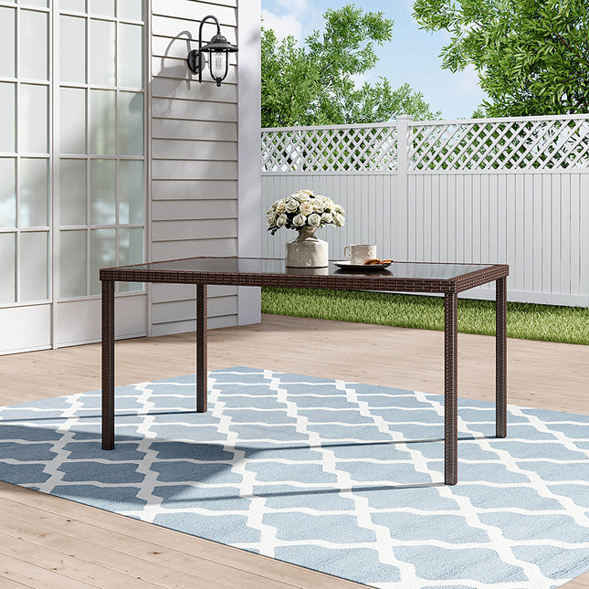 150CM Patio Garden Rectangle Rattan Frame Glass Top Table Brown