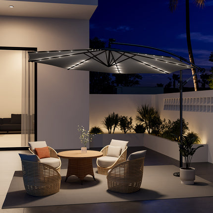 Outdoor 32 LED Lighted Patio Umbrella with Crank Lift System No Base Dark Grey